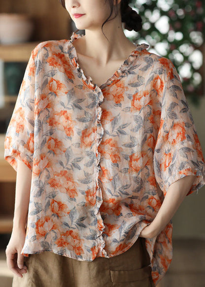 Bohemian Orange Ruffled Print Patchwork Linen Blouses Summer LY6257 - fabuloryshop