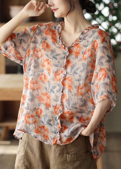 Bohemian Orange Ruffled Print Patchwork Linen Blouses Summer LY6257 - fabuloryshop