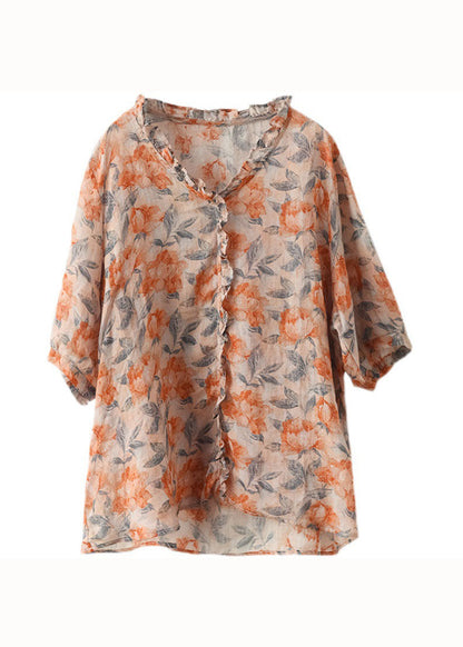 Bohemian Orange Ruffled Print Patchwork Linen Blouses Summer LY6257 - fabuloryshop