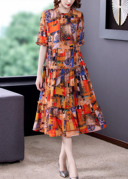 Bohemian Orange Ruffled Print Patchwork Silk Dress Summer LY5956 Ada Fashion