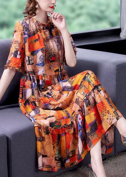 Bohemian Orange Ruffled Print Patchwork Silk Dress Summer LY5956 Ada Fashion