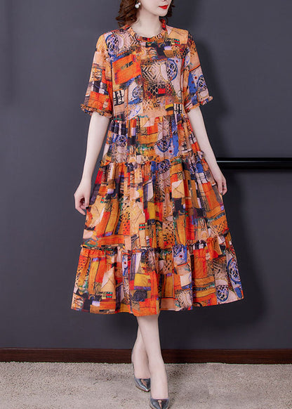 Bohemian Orange Ruffled Print Patchwork Silk Dress Summer LY5956 Ada Fashion