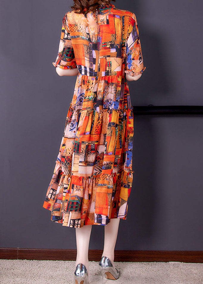 Bohemian Orange Ruffled Print Patchwork Silk Dress Summer LY5956 Ada Fashion