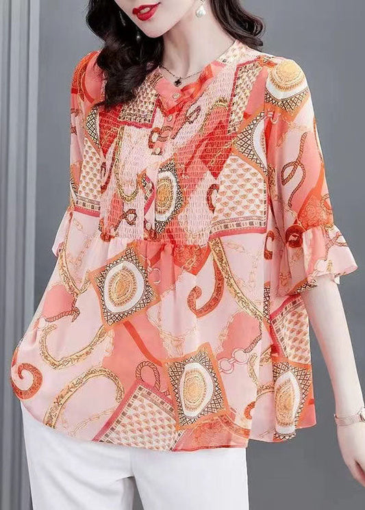 Bohemian Orange Stand Collar Print Patchwork Chiffon Blouses Flare Sleeve TP1010 - fabuloryshop