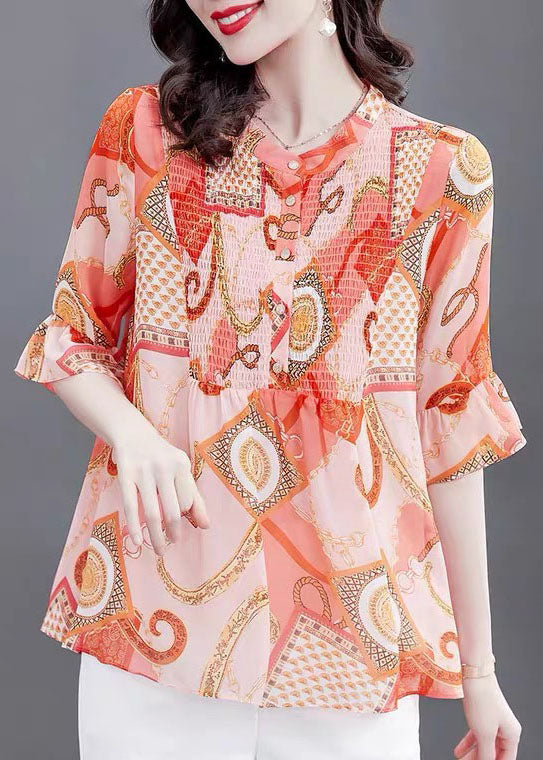 Bohemian Orange Stand Collar Print Patchwork Chiffon Blouses Flare Sleeve TP1010 - fabuloryshop