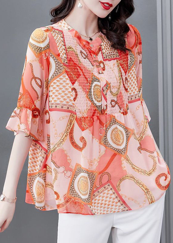 Bohemian Orange Stand Collar Print Patchwork Chiffon Blouses Flare Sleeve TP1010 - fabuloryshop