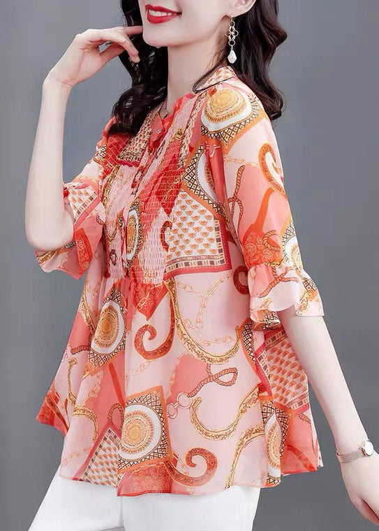 Bohemian Orange Stand Collar Print Patchwork Chiffon Blouses Flare Sleeve TP1010 - fabuloryshop