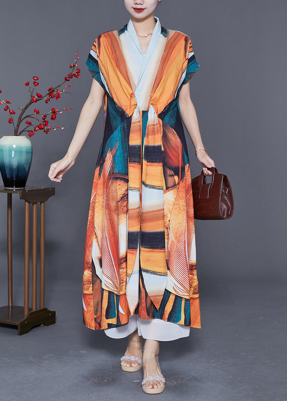 Bohemian Orange V Neck Print Chiffon Robe Dresses Summer LY5591 - fabuloryshop