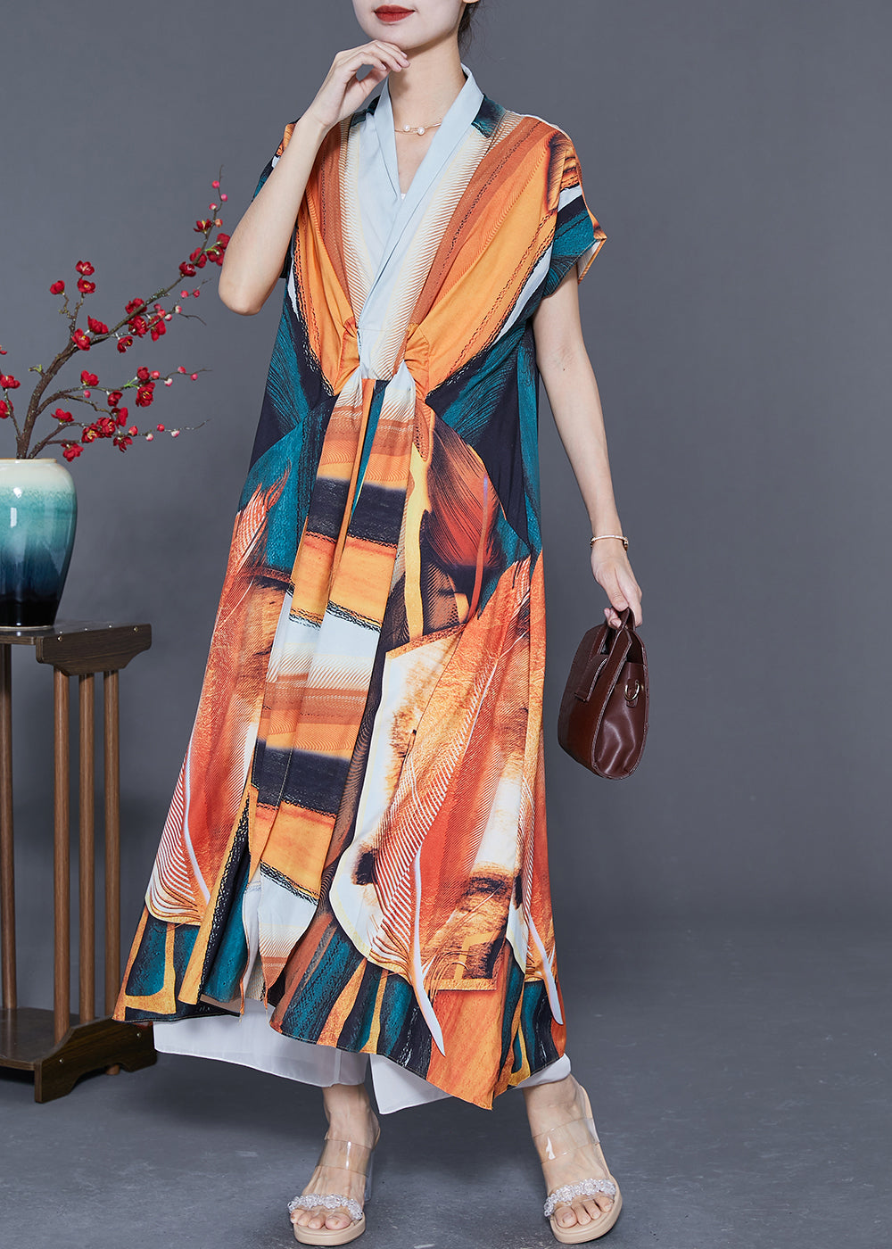 Bohemian Orange V Neck Print Chiffon Robe Dresses Summer LY5591 - fabuloryshop