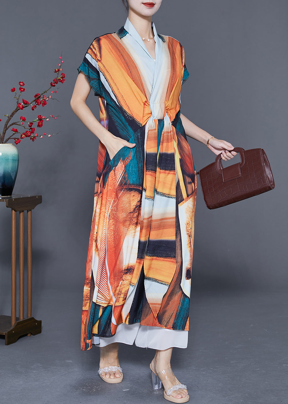 Bohemian Orange V Neck Print Chiffon Robe Dresses Summer LY5591 - fabuloryshop