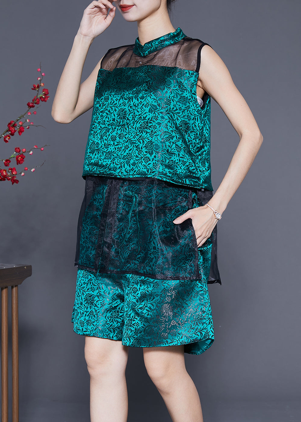 Bohemian Peacock Green Hollow Out Patchwork Silk 2 Piece Outfit Summer LY4820 - fabuloryshop