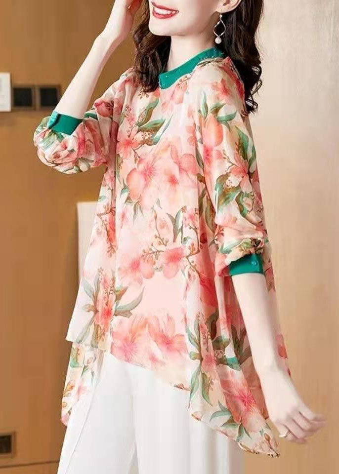 Bohemian Pink Asymmetrical Patchwork Print Chiffon Top Spring LY0098 - fabuloryshop