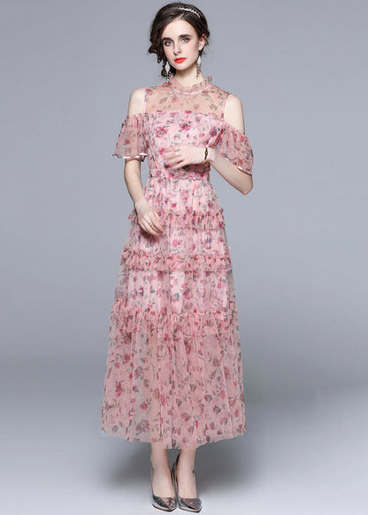 Bohemian Pink Cold Shoulder Print Ruffled Chiffon Long Dresses Summer LY7385 - fabuloryshop