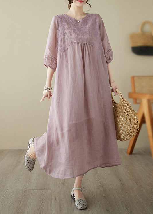 Bohemian Pink O-Neck Embroideried Patchwork Wrinkled Linen Long Dress Half Sleeve LY2984 - fabuloryshop