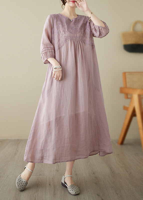 Bohemian Pink O-Neck Embroideried Patchwork Wrinkled Linen Long Dress Half Sleeve LY2984 - fabuloryshop