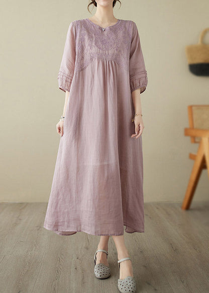 Bohemian Pink O-Neck Embroideried Patchwork Wrinkled Linen Long Dress Half Sleeve LY2984 - fabuloryshop