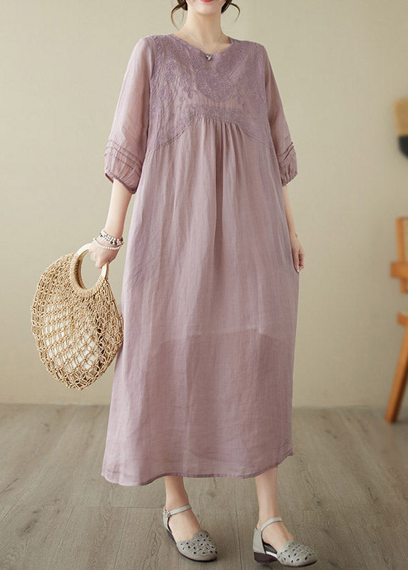 Bohemian Pink O-Neck Embroideried Patchwork Wrinkled Linen Long Dress Half Sleeve LY2984 - fabuloryshop