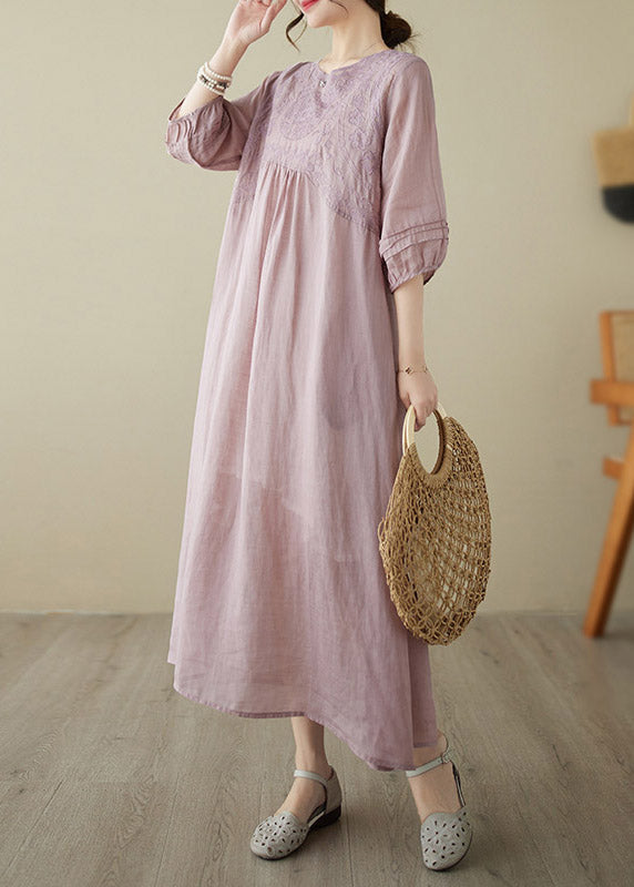 Bohemian Pink O-Neck Embroideried Patchwork Wrinkled Linen Long Dress Half Sleeve LY2984 - fabuloryshop