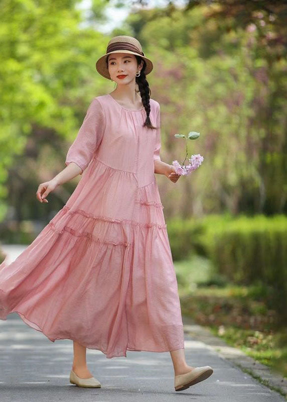 Bohemian Pink O-Neck Ruffled Patchwork Long Silk Dress Summer LY2560 - fabuloryshop