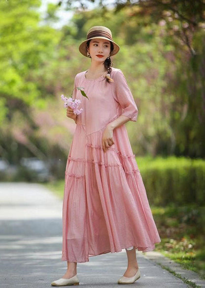 Bohemian Pink O-Neck Ruffled Patchwork Long Silk Dress Summer LY2560 - fabuloryshop