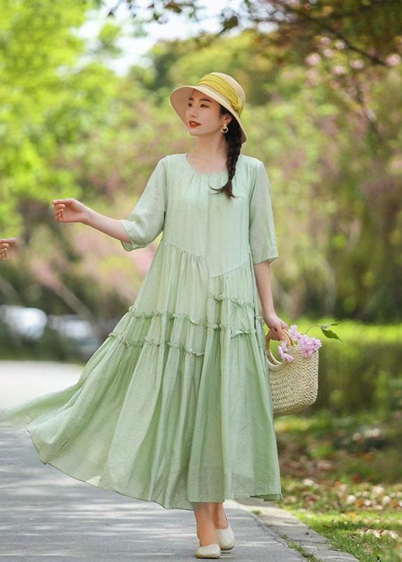 Bohemian Pink O-Neck Ruffled Patchwork Long Silk Dress Summer LY2560 - fabuloryshop