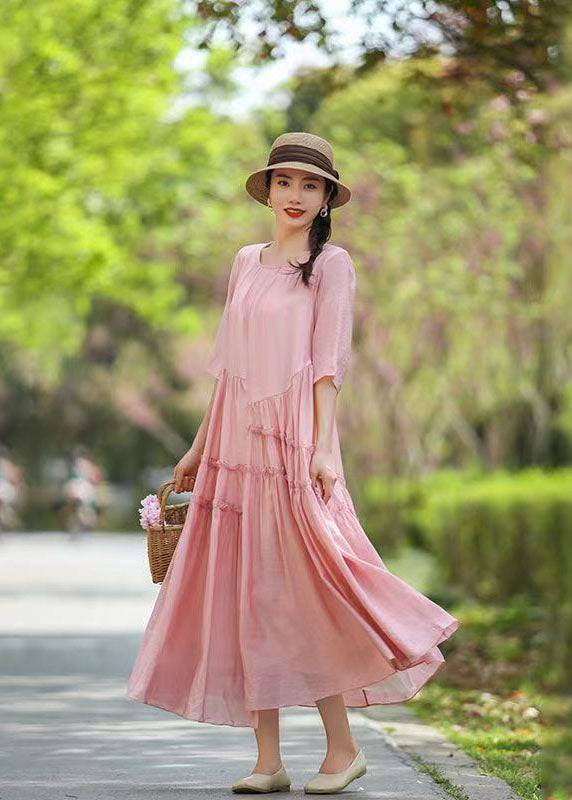 Bohemian Pink O-Neck Ruffled Patchwork Long Silk Dress Summer LY2560 - fabuloryshop