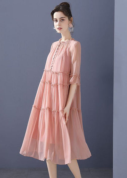 Bohemian Pink O-Neck Ruffled Patchwork Silk Mid Dresses Summer LY4568 - fabuloryshop