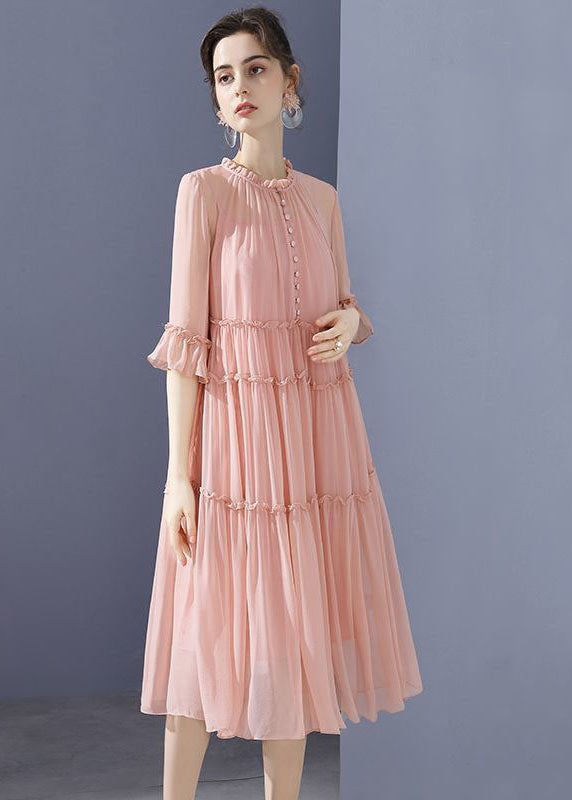 Bohemian Pink O-Neck Ruffled Patchwork Silk Mid Dresses Summer LY4568 - fabuloryshop