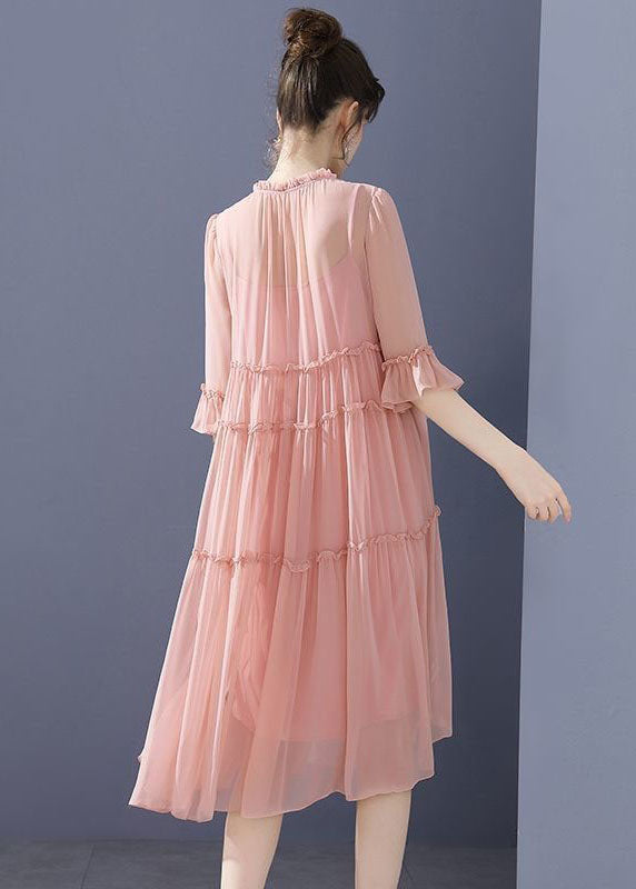 Bohemian Pink O-Neck Ruffled Patchwork Silk Mid Dresses Summer LY4568 - fabuloryshop