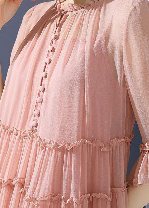 Bohemian Pink O-Neck Ruffled Patchwork Silk Mid Dresses Summer LY4568 - fabuloryshop