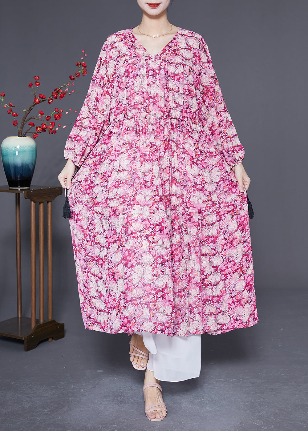 Bohemian Pink Oversized Print Drawstring Silk Vacation Dresses Spring LY2885 - fabuloryshop