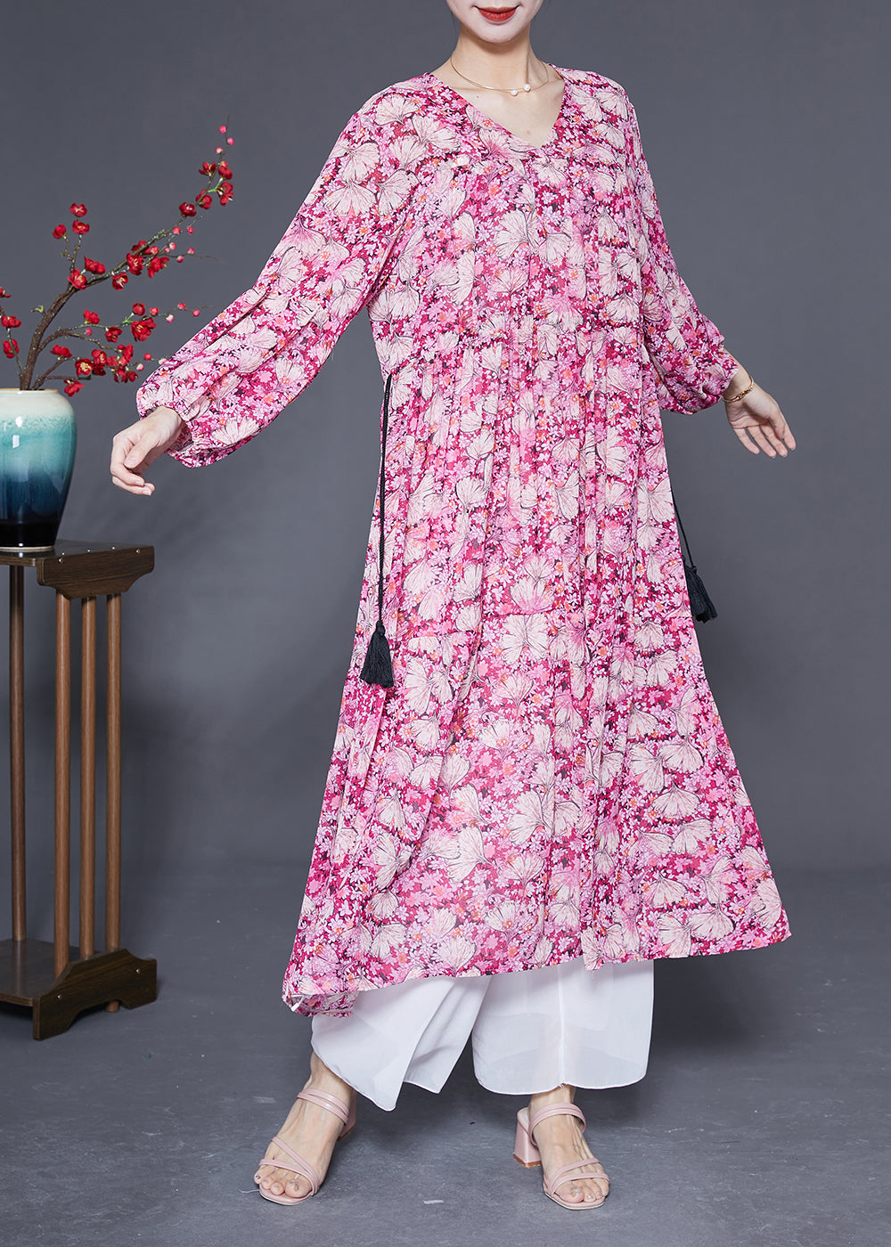 Bohemian Pink Oversized Print Drawstring Silk Vacation Dresses Spring LY2885 - fabuloryshop