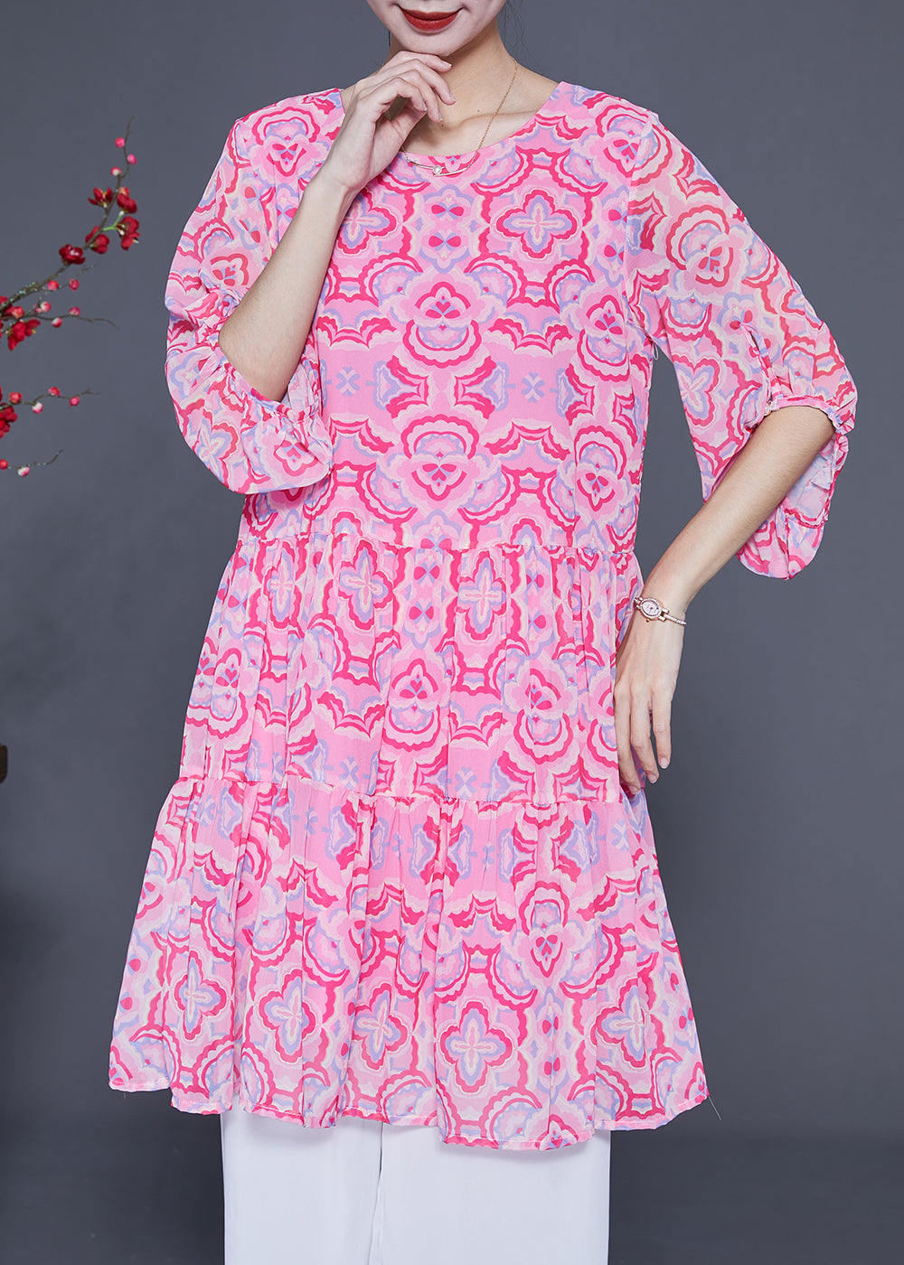 Bohemian Pink Print Patchwork Wrinkled Silk A Line Dress Lantern Sleeve LY1846 - fabuloryshop