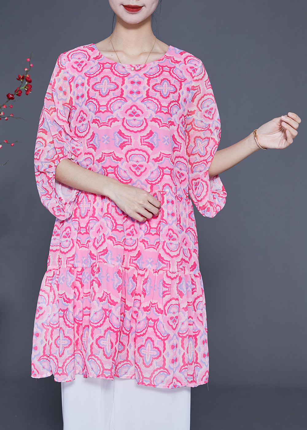 Bohemian Pink Print Patchwork Wrinkled Silk A Line Dress Lantern Sleeve LY1846 - fabuloryshop