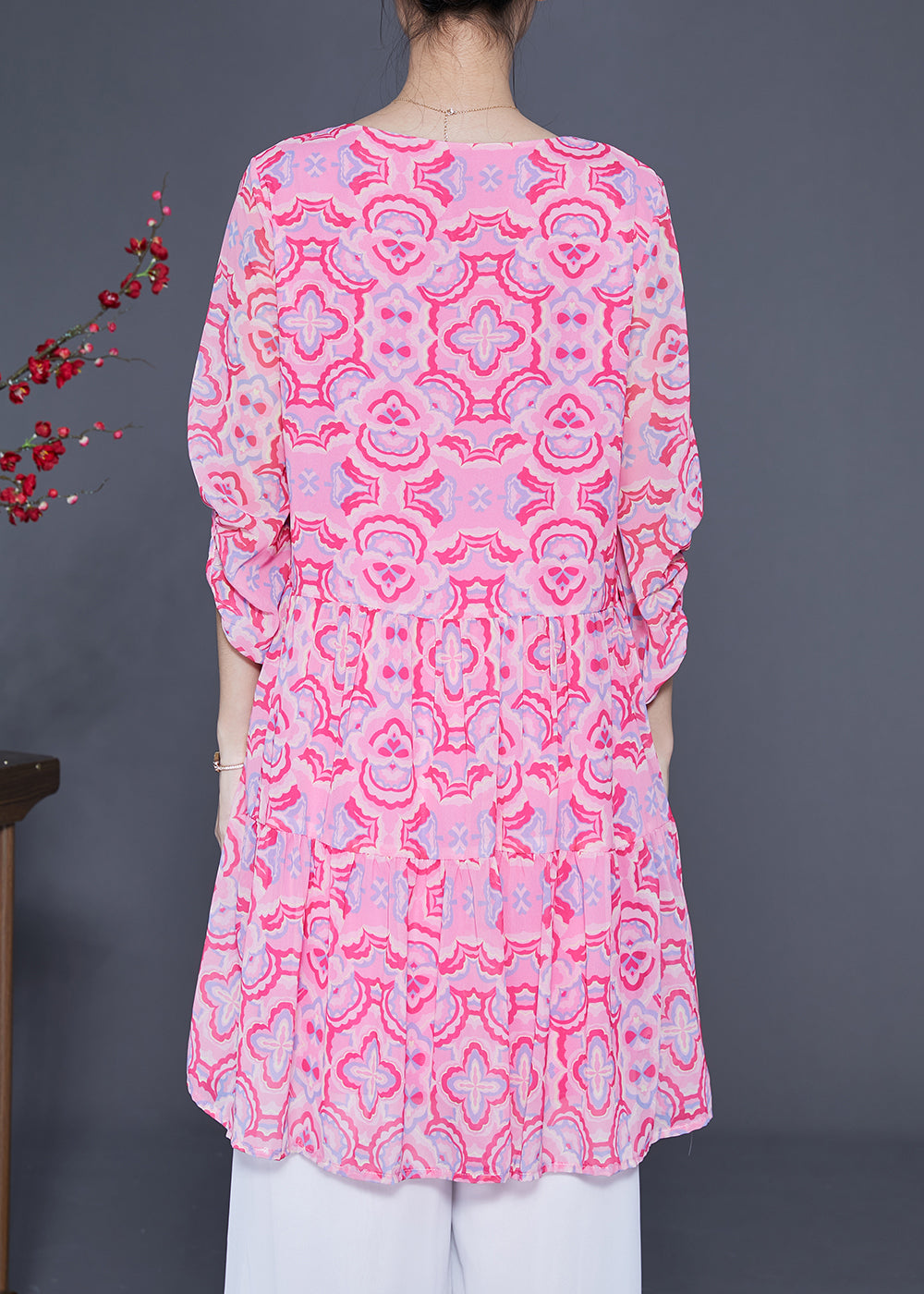 Bohemian Pink Print Patchwork Wrinkled Silk A Line Dress Lantern Sleeve LY1846 - fabuloryshop