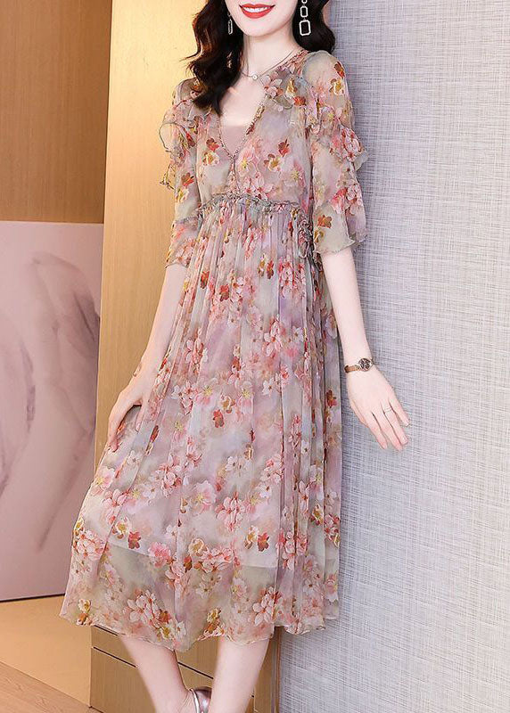 Bohemian Pink Ruffled Print Chiffon Beach Dress Summer LC0095 - fabuloryshop