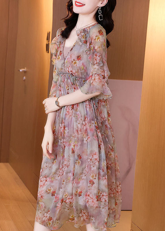 Bohemian Pink Ruffled Print Chiffon Beach Dress Summer LC0095 - fabuloryshop