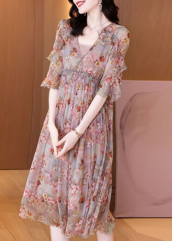 Bohemian Pink Ruffled Print Chiffon Beach Dress Summer LC0095 - fabuloryshop