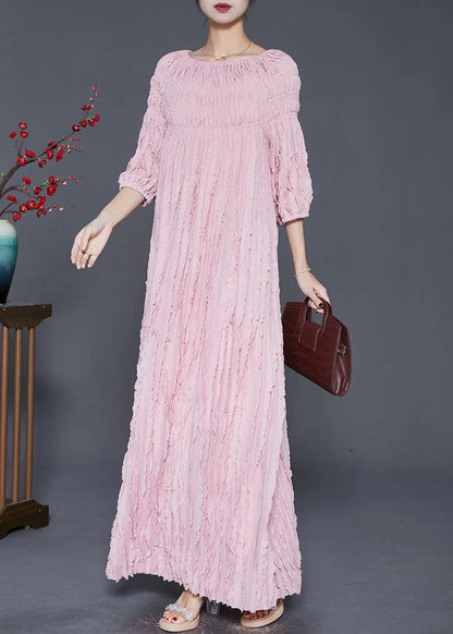 Bohemian Pink Slash Neck Wrinkled Robe Dresses Fall Ada Fashion