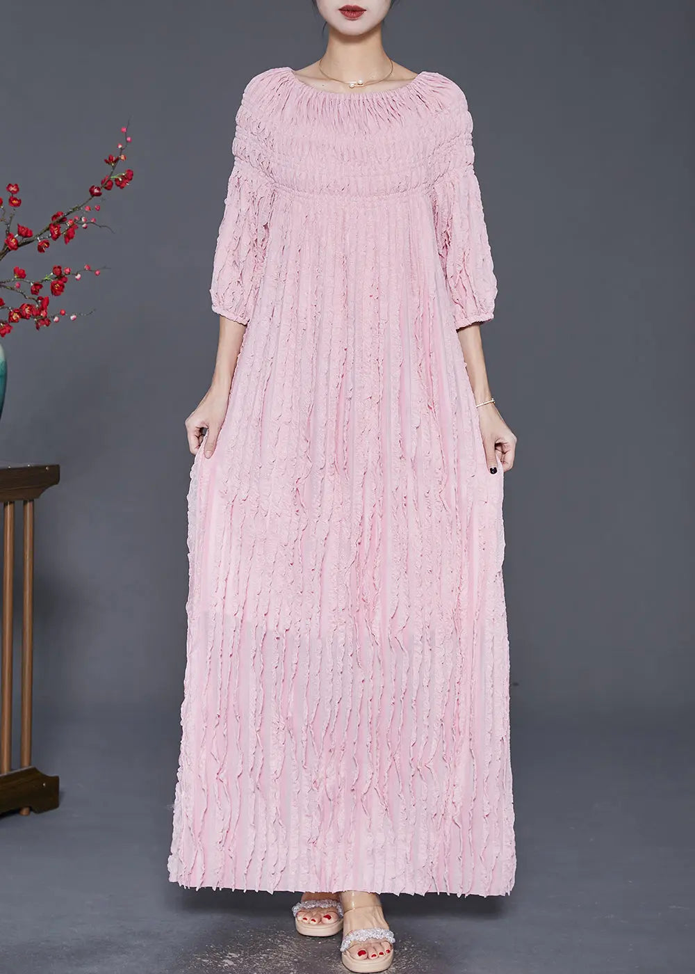 Bohemian Pink Slash Neck Wrinkled Robe Dresses Fall Ada Fashion