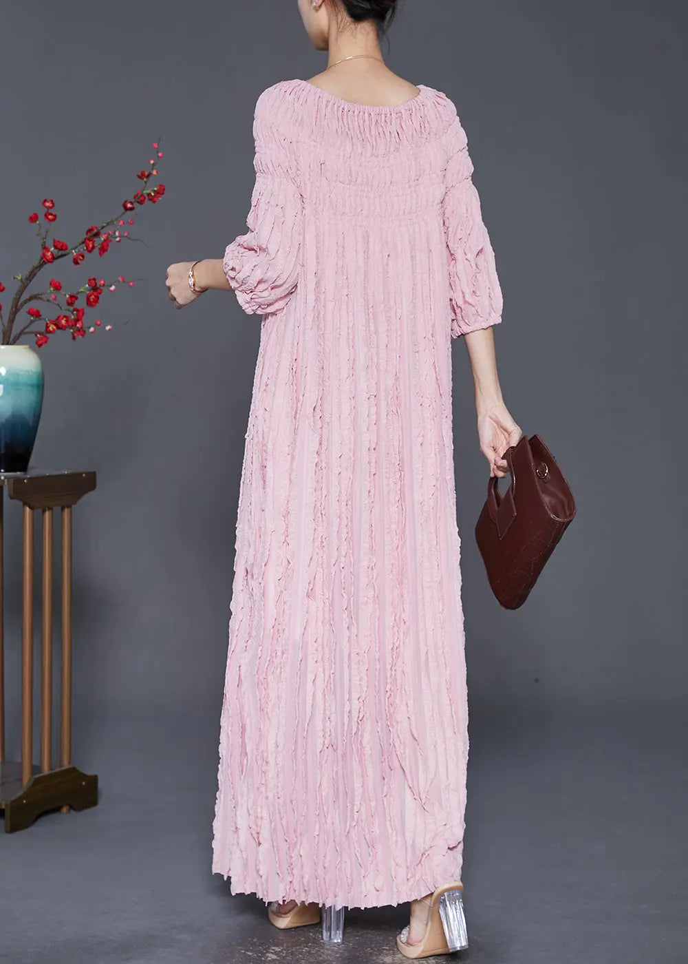 Bohemian Pink Slash Neck Wrinkled Robe Dresses Fall Ada Fashion