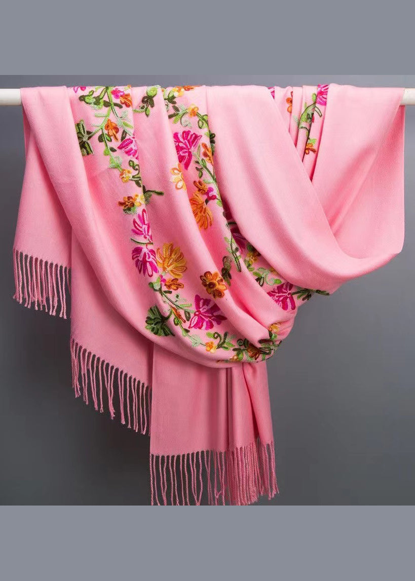 Bohemian Pink Tasseled Embroideried Faux Cashmere Scarf Ada Fashion