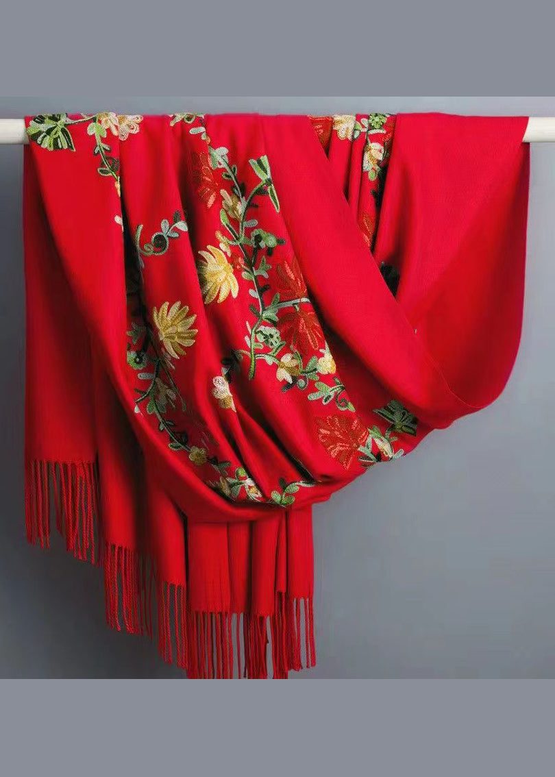 Bohemian Pink Tasseled Embroideried Faux Cashmere Scarf Ada Fashion