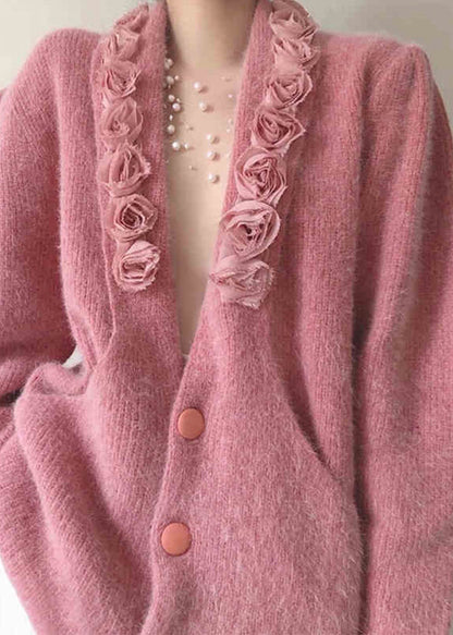 Bohemian Pink V Neck Button Patchwork Knitted Cotton Coat Fall Ada Fashion