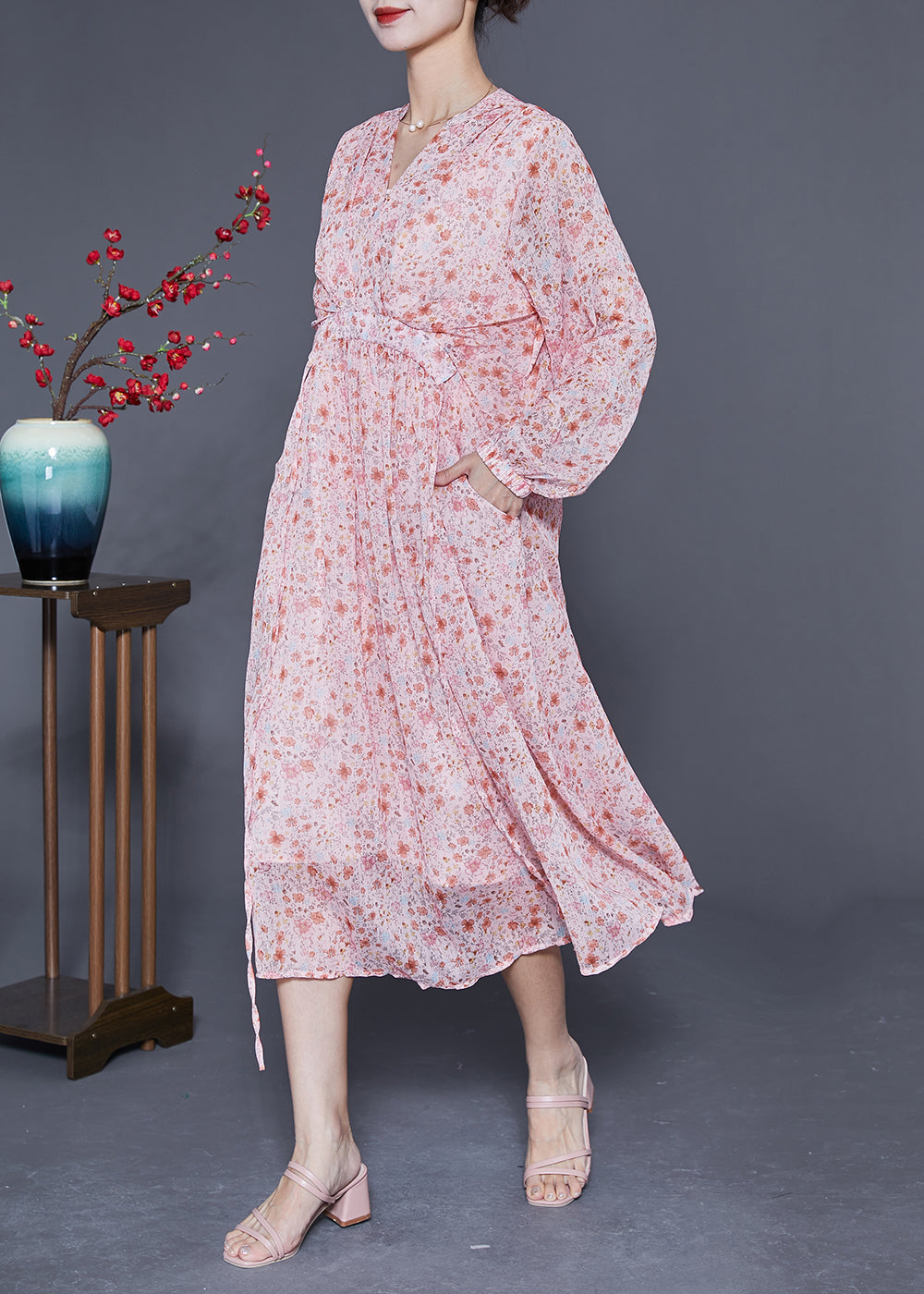 Bohemian Pink V Neck Cinched Print Chiffon Beach Dress Summer LY1772 - fabuloryshop