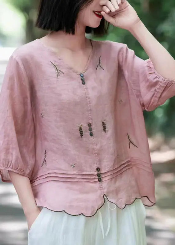 Bohemian Pink V Neck Embroideried Wrinkled Ramie Tops Fall Ada Fashion