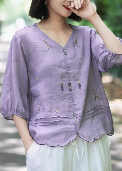 Bohemian Pink V Neck Embroideried Wrinkled Ramie Tops Fall Ada Fashion