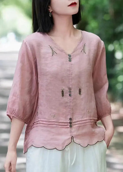 Bohemian Pink V Neck Embroideried Wrinkled Ramie Tops Fall Ada Fashion