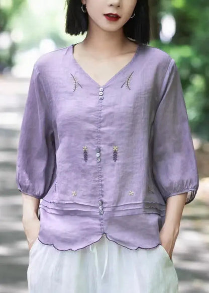 Bohemian Pink V Neck Embroideried Wrinkled Ramie Tops Fall Ada Fashion