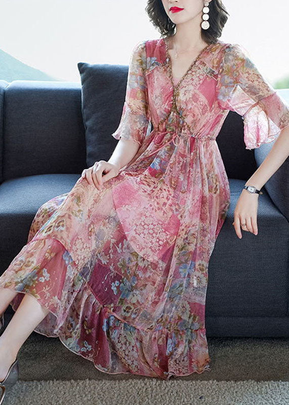 Bohemian Pink V Neck Print Chiffon Long Dresses Summer LY0509 - fabuloryshop